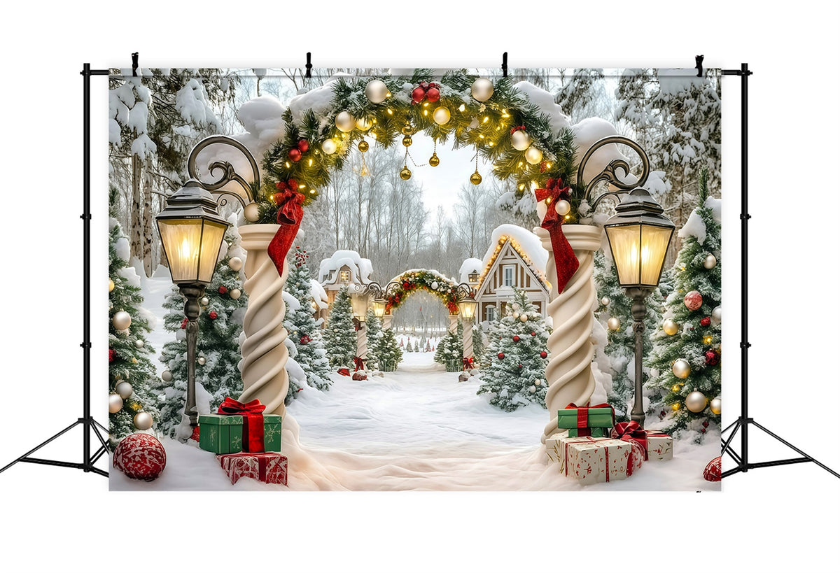Extra Large Christmas Backdrop Snowy Garland Cottage Entrance Christmas In July Backdrop RR610-27