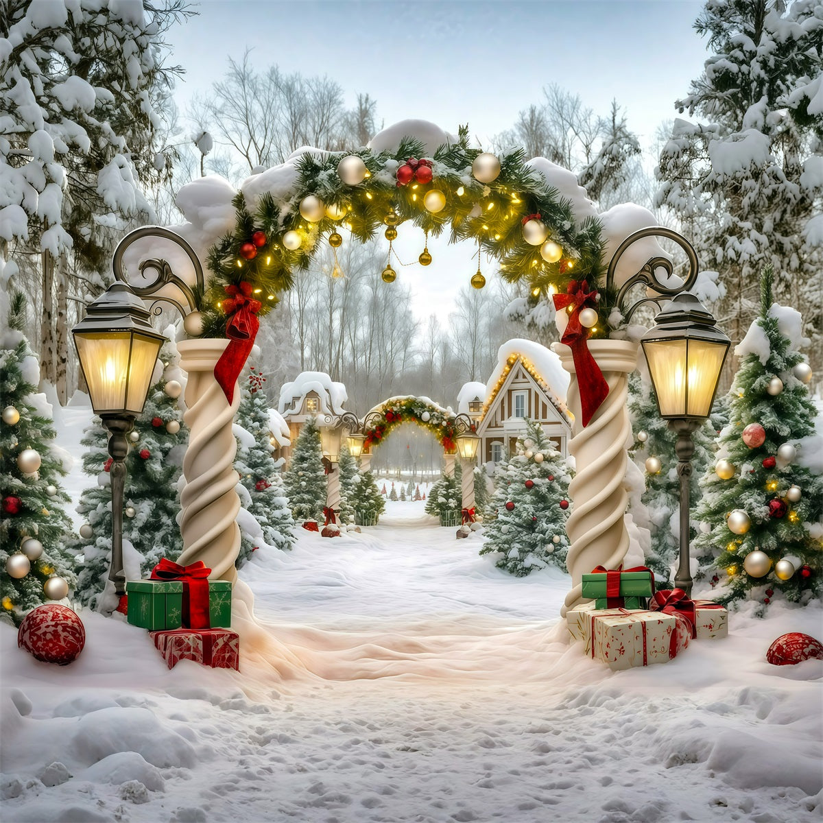 Extra Large Christmas Backdrop Snowy Garland Cottage Entrance Christmas In July Backdrop RR610-27