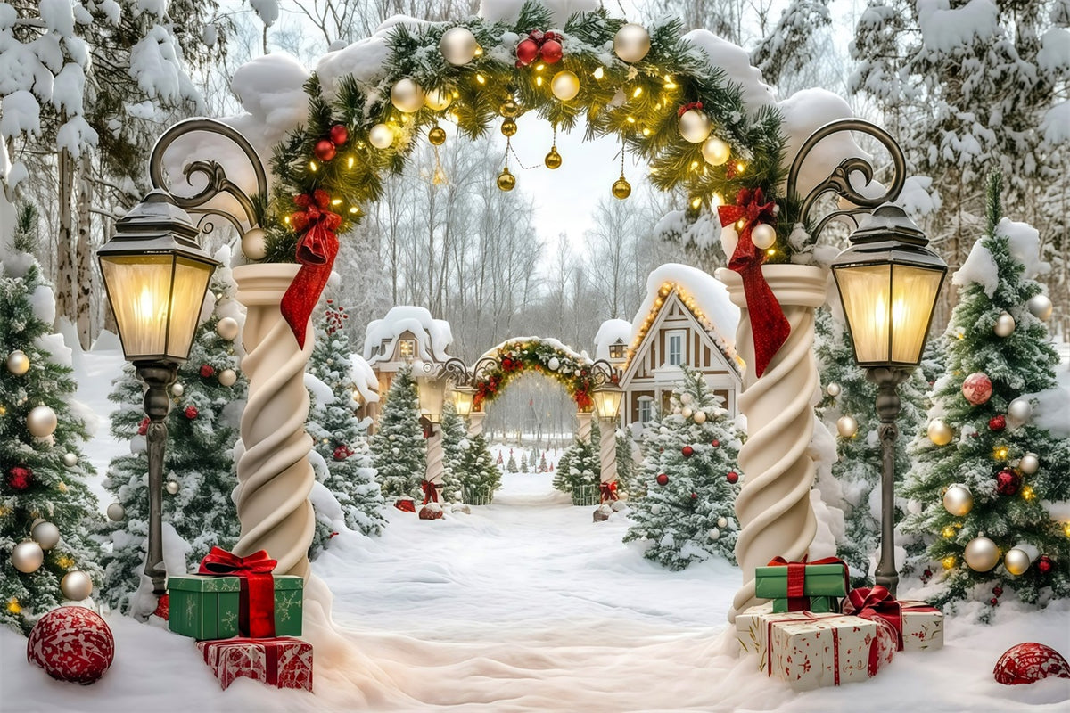 Extra Large Christmas Backdrop Snowy Garland Cottage Entrance Christmas In July Backdrop RR610-27