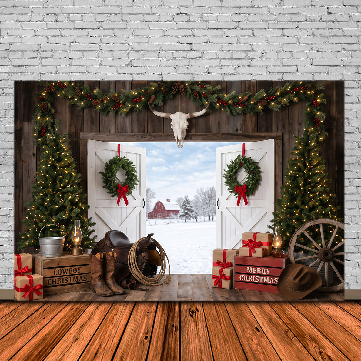 Background Christmas Backdrop Rustic Barn Entrance Cowboy Christmas Backdrop RR610-28