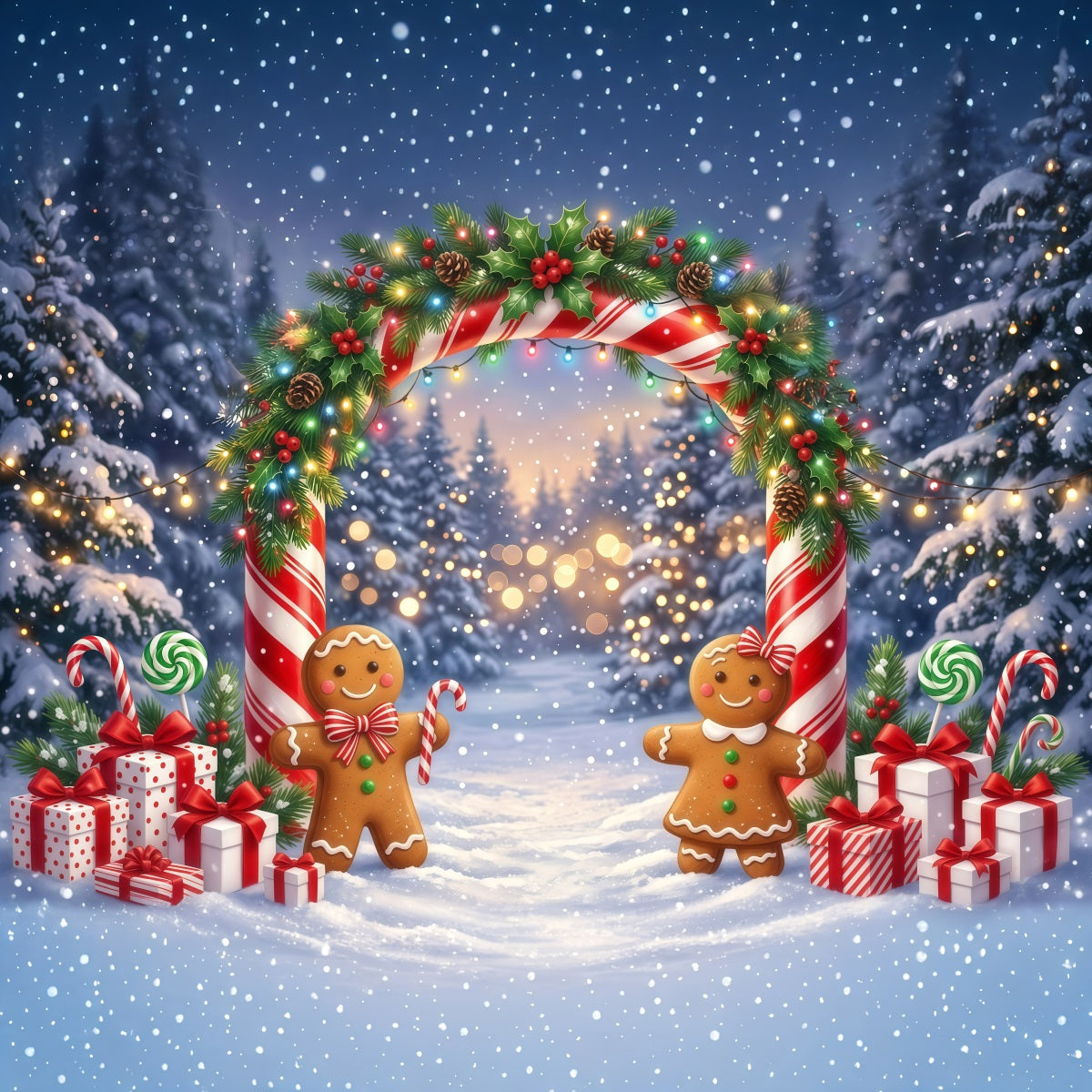 Gingerbread Backdrops Snowy Forest Night Bokeh Candy Cane Backdrop RR610-3