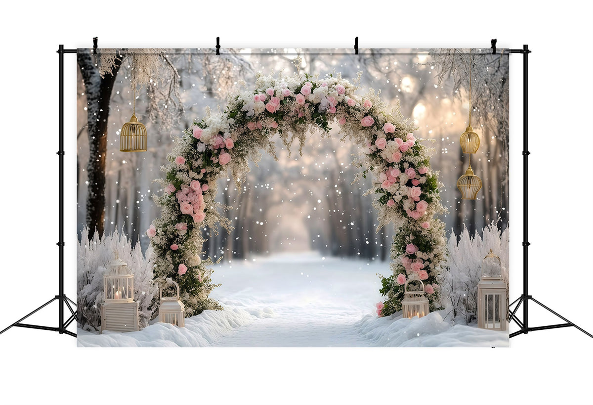 Beautiful Christmas Backdrop Pink Rose Snowy Arch 8x8 Christmas Backdrop RR610-30