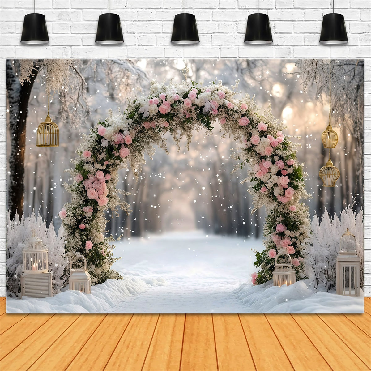 Beautiful Christmas Backdrop Pink Rose Snowy Arch 8x8 Christmas Backdrop RR610-30