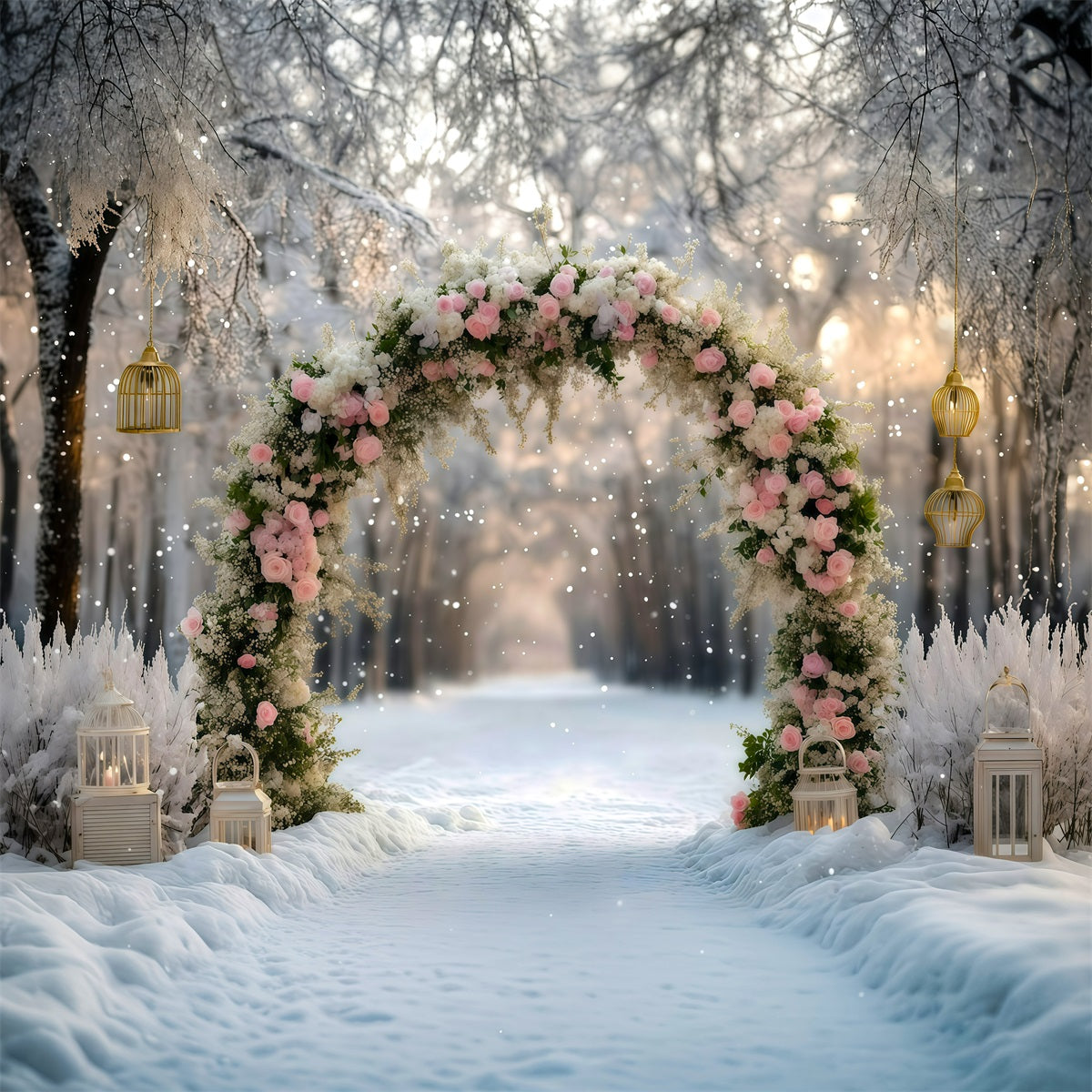 Beautiful Christmas Backdrop Pink Rose Snowy Arch 8x8 Christmas Backdrop RR610-30