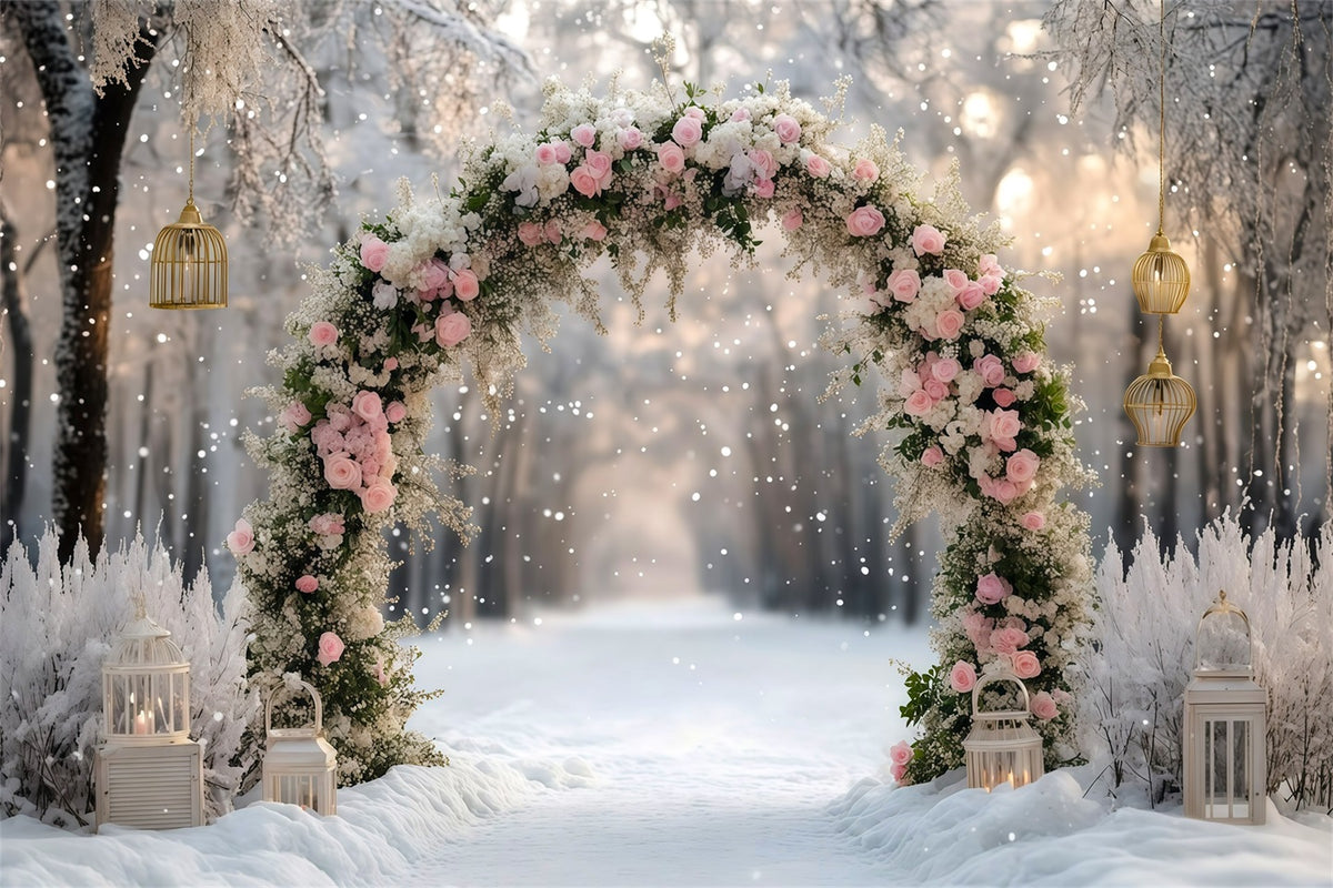 Beautiful Christmas Backdrop Pink Rose Snowy Arch 8x8 Christmas Backdrop RR610-30