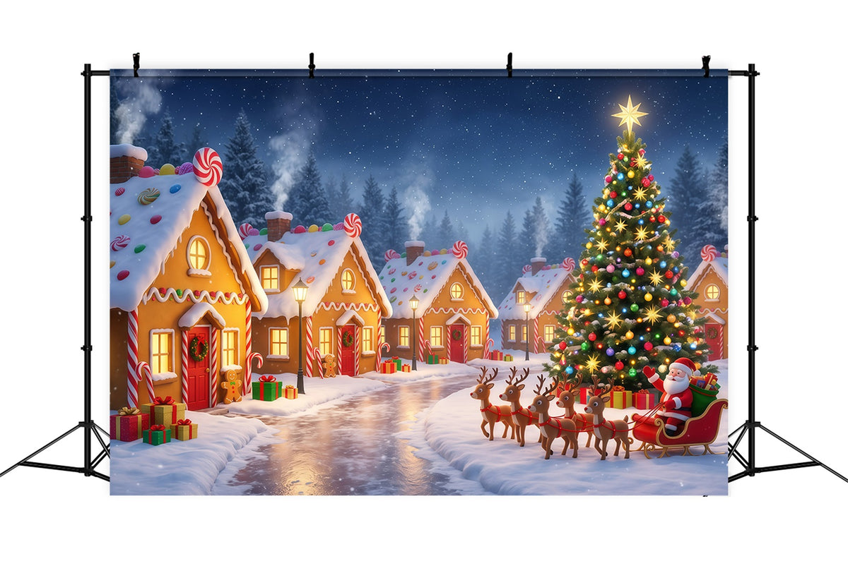 Santa's Village Backdrop Gingerbread Village Sleigh Ride Santa Pictures Backdrop RR610-31