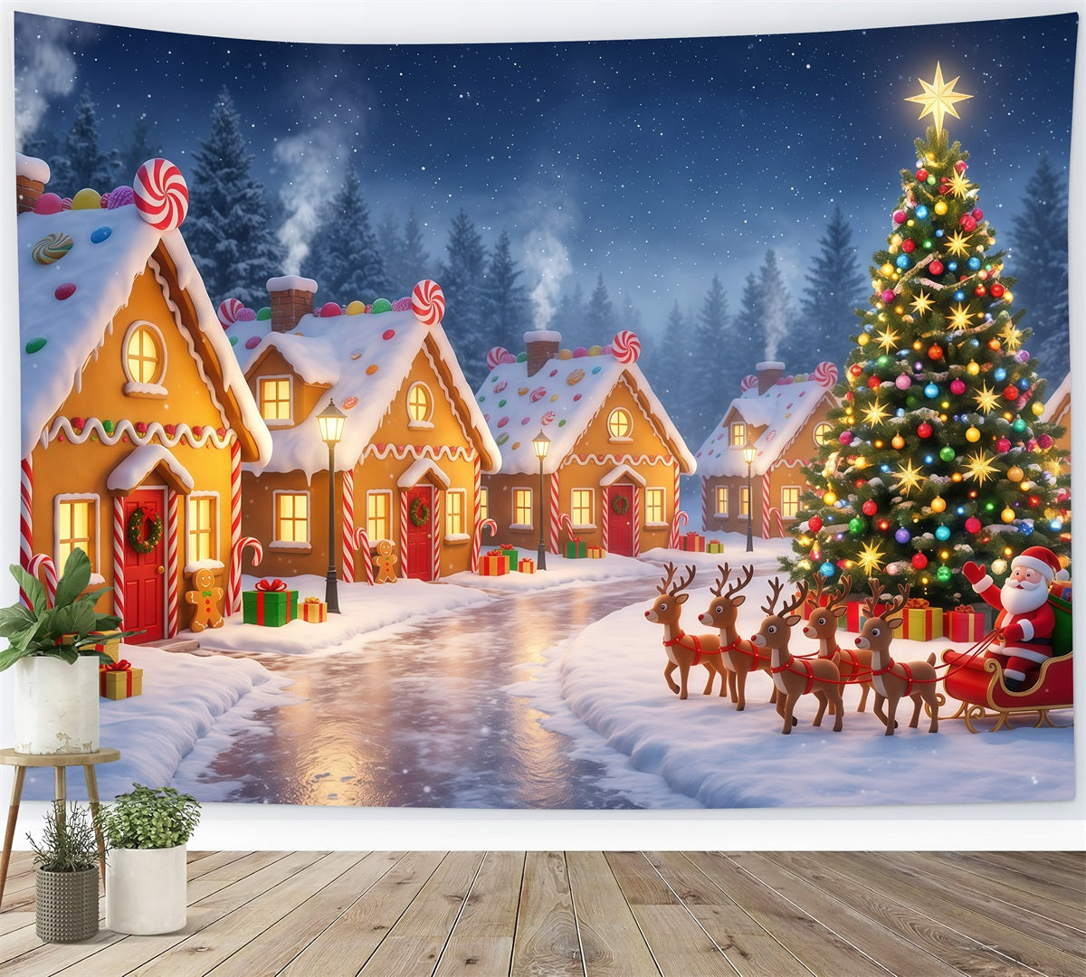 Santa's Village Backdrop Gingerbread Village Sleigh Ride Santa Pictures Backdrop RR610-31