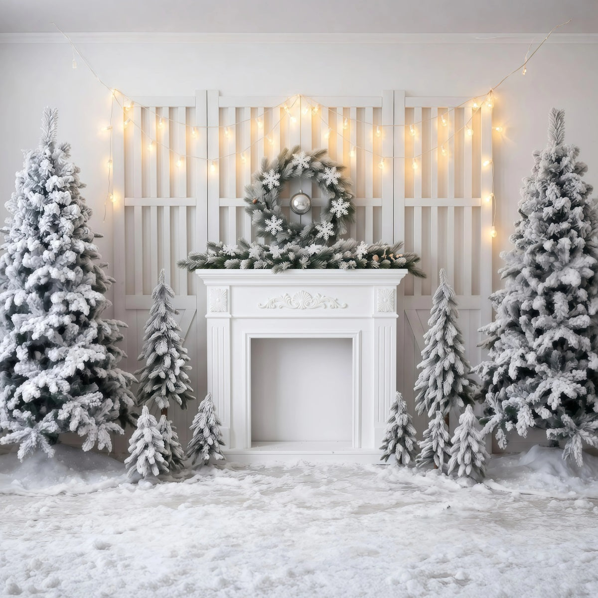White Christmas Photo Backdrop Frosted Fireplace Display Christmas Backdrop Banner RR610-32