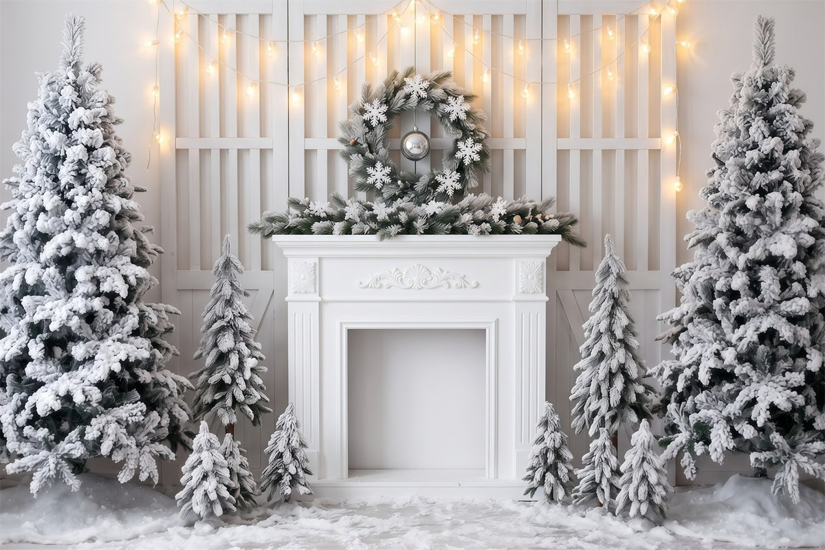 White Christmas Photo Backdrop Frosted Fireplace Display Christmas Backdrop Banner RR610-32