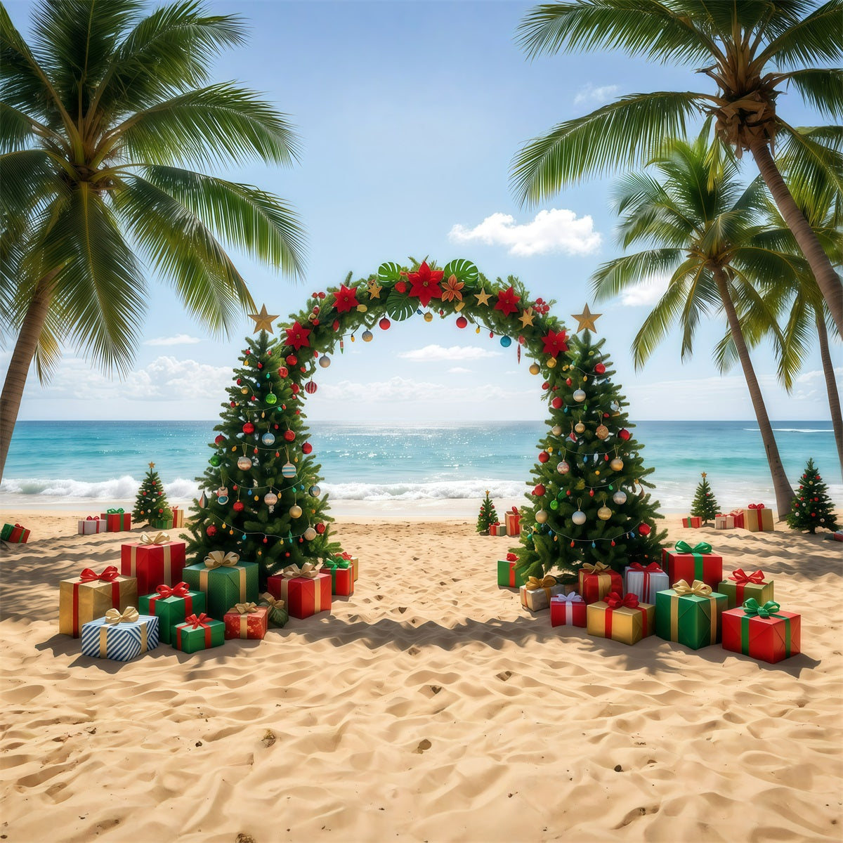 Tropical Christmas Backdrop Beach Sea Tree Arch Christmas Present Backdrop RR610-35