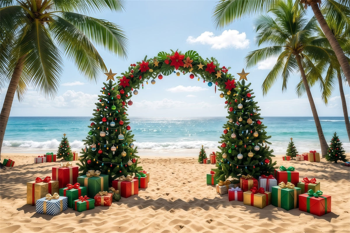 Tropical Christmas Backdrop Beach Sea Tree Arch Christmas Present Backdrop RR610-35