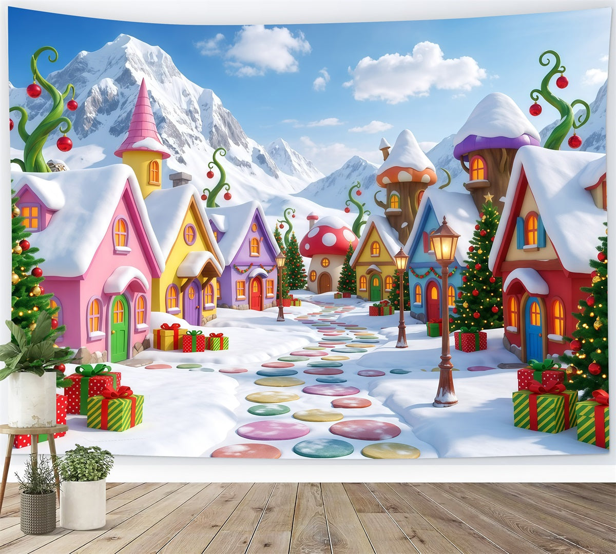 Mountain Backdrop For Christmas Village Snowy Candy House Xmas Backdrops Photography RR610-37