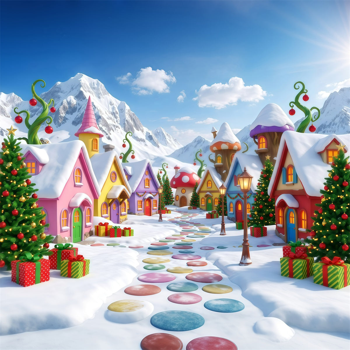 Mountain Backdrop For Christmas Village Snowy Candy House Xmas Backdrops Photography RR610-37