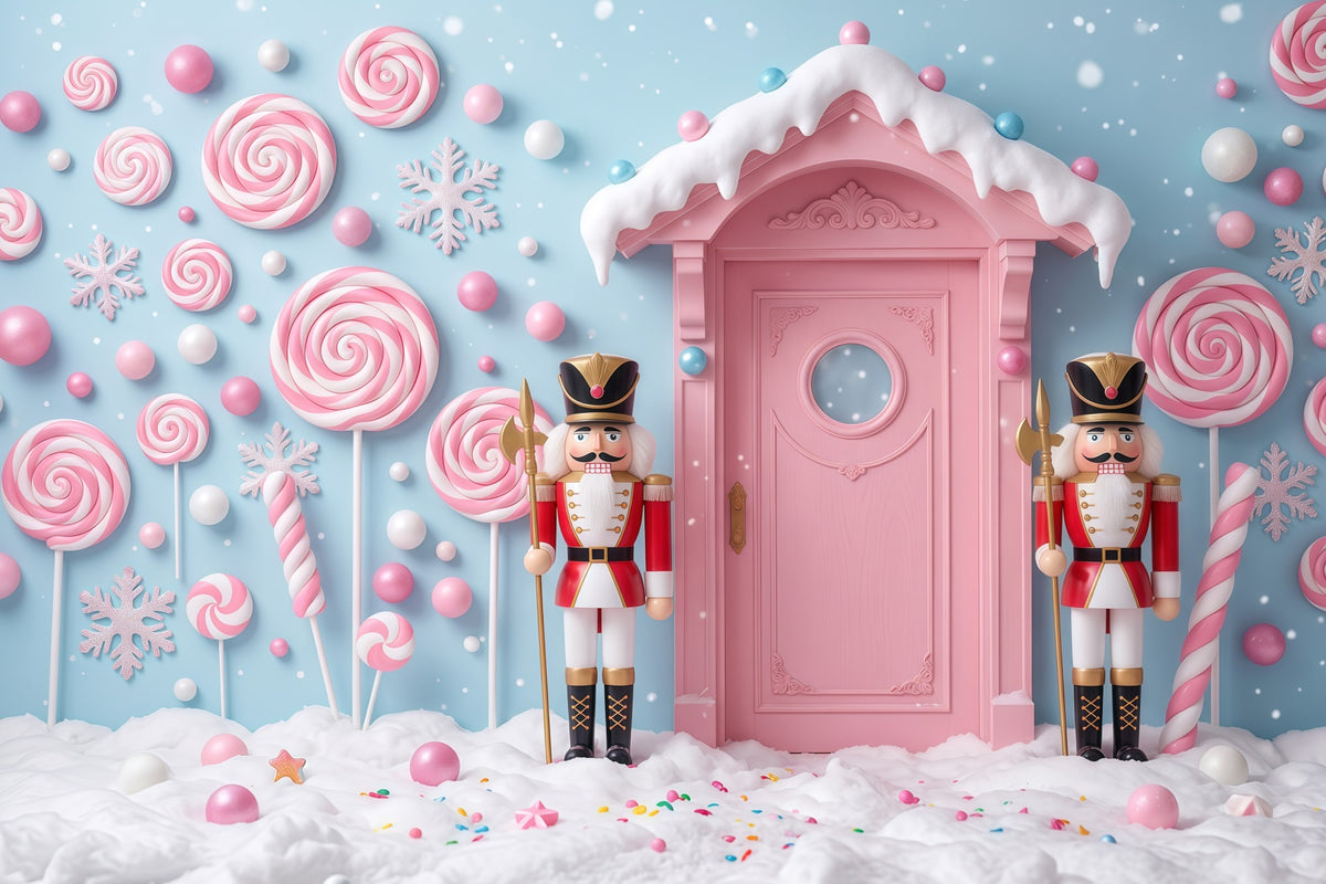 Land Of Sweets Nutcracker Backdrop Pink Candy Door Snow The Nutcracker Backdrop RR610-38