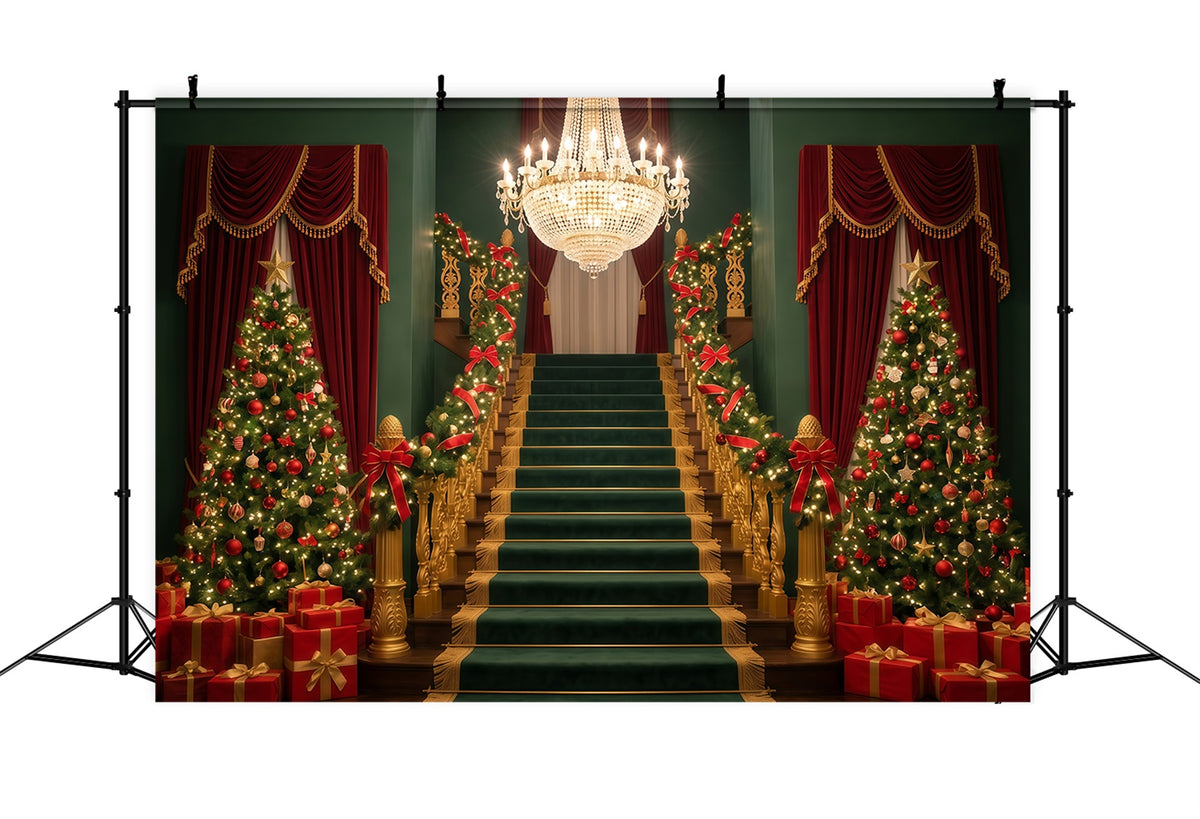 Christmas Staircase Backdrop Grand Chandelier Hall Backdrops For Santa Pictures RR610-40