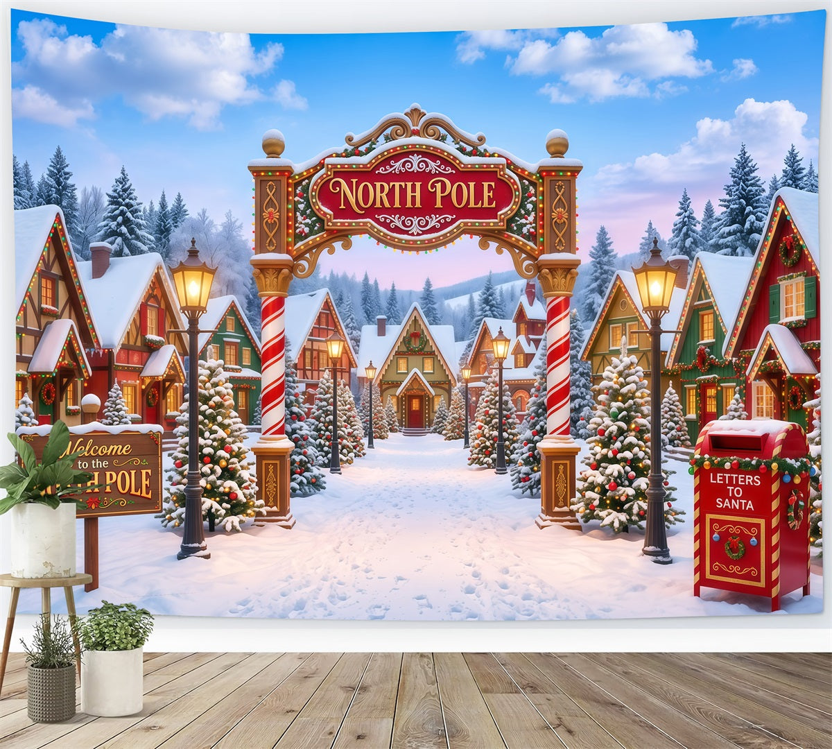 Large Christmas Photo Backdrop Whimsical Snowy Village North Pole Backdrops RR610-42
