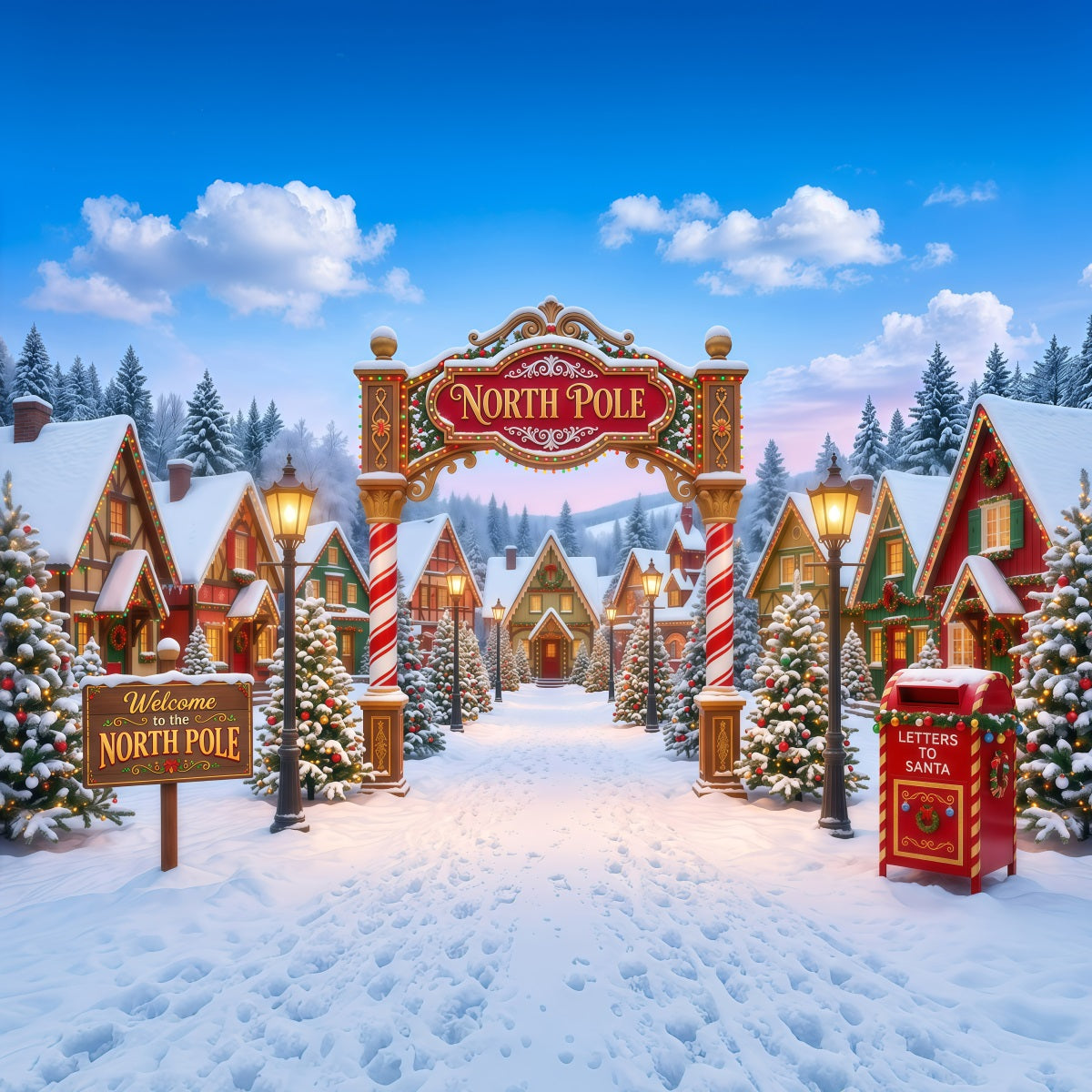 Large Christmas Photo Backdrop Whimsical Snowy Village North Pole Backdrops RR610-42