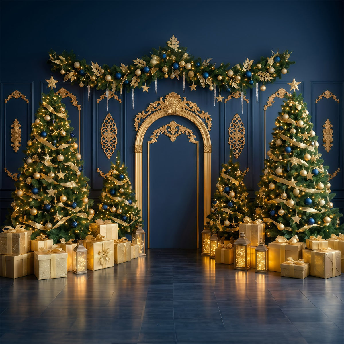 High Quality Christmas Backdrop Navy Gold Arch Display Christmas Holiday Backdrops RR610-43