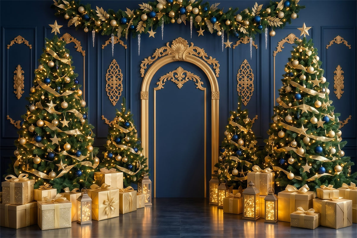 High Quality Christmas Backdrop Navy Gold Arch Display Christmas Holiday Backdrops RR610-43