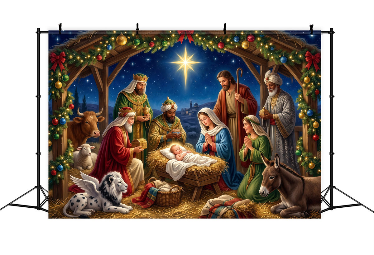 Christmas Backdrop Church Starry Nativity Manger Gathering Nativity Scene Backdrops RR610-45