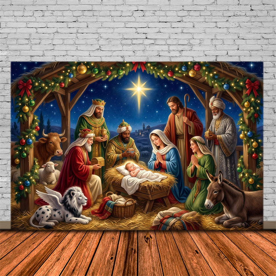 Christmas Backdrop Church Starry Nativity Manger Gathering Nativity Scene Backdrops RR610-45