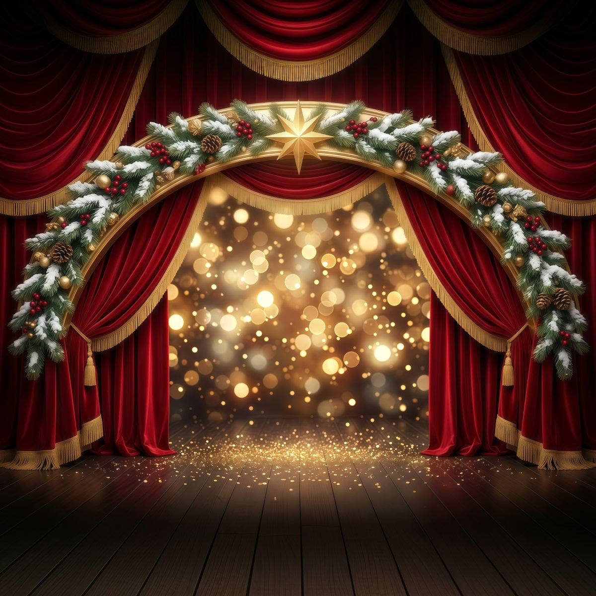 Backdrop Christmas Stage Design Red Velvet Golden Arch Backdrop For Christmas Party RR610-46