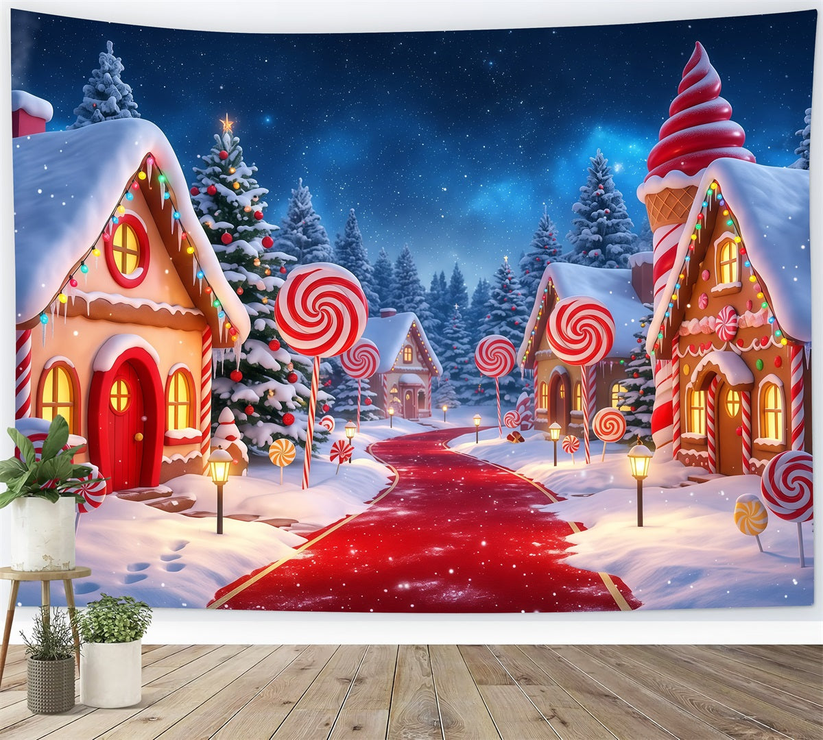 Country Christmas Backdrop Candy Village Snowy Path Christmas Photos Backdrop RR610-47