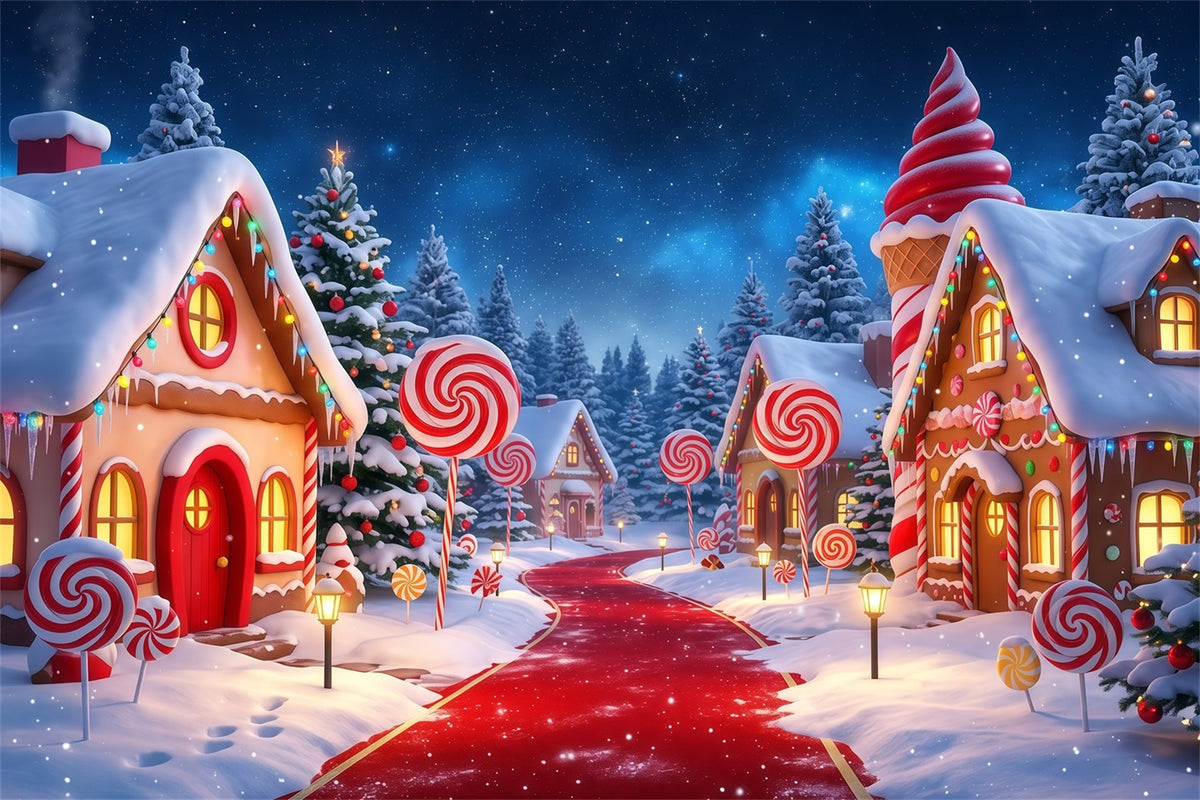 Country Christmas Backdrop Candy Village Snowy Path Christmas Photos Backdrop RR610-47