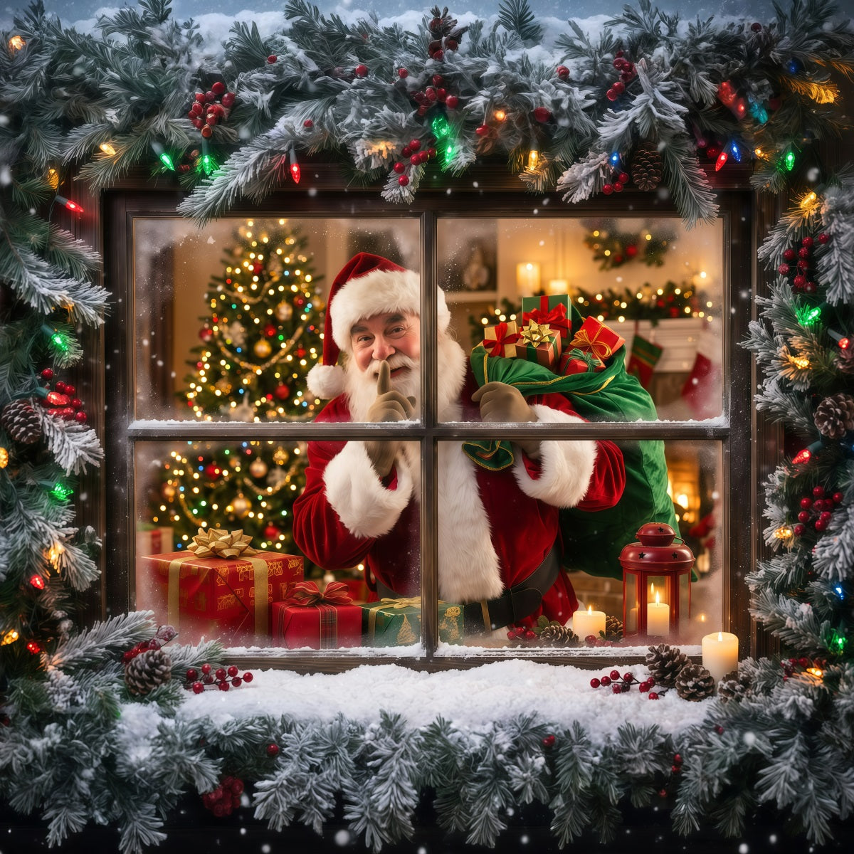Backdrops For Santa Photos Snowy Window Gift Surprise Photography Santa Backdrop RR610-48