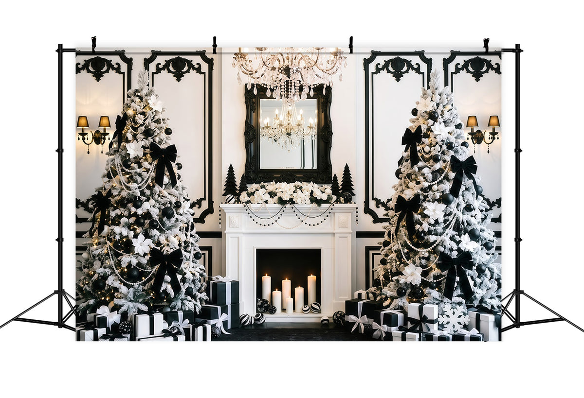 Black And White Christmas Backdrop Elegant Fireplace Tree Purple Christmas Backdrop RR610-49