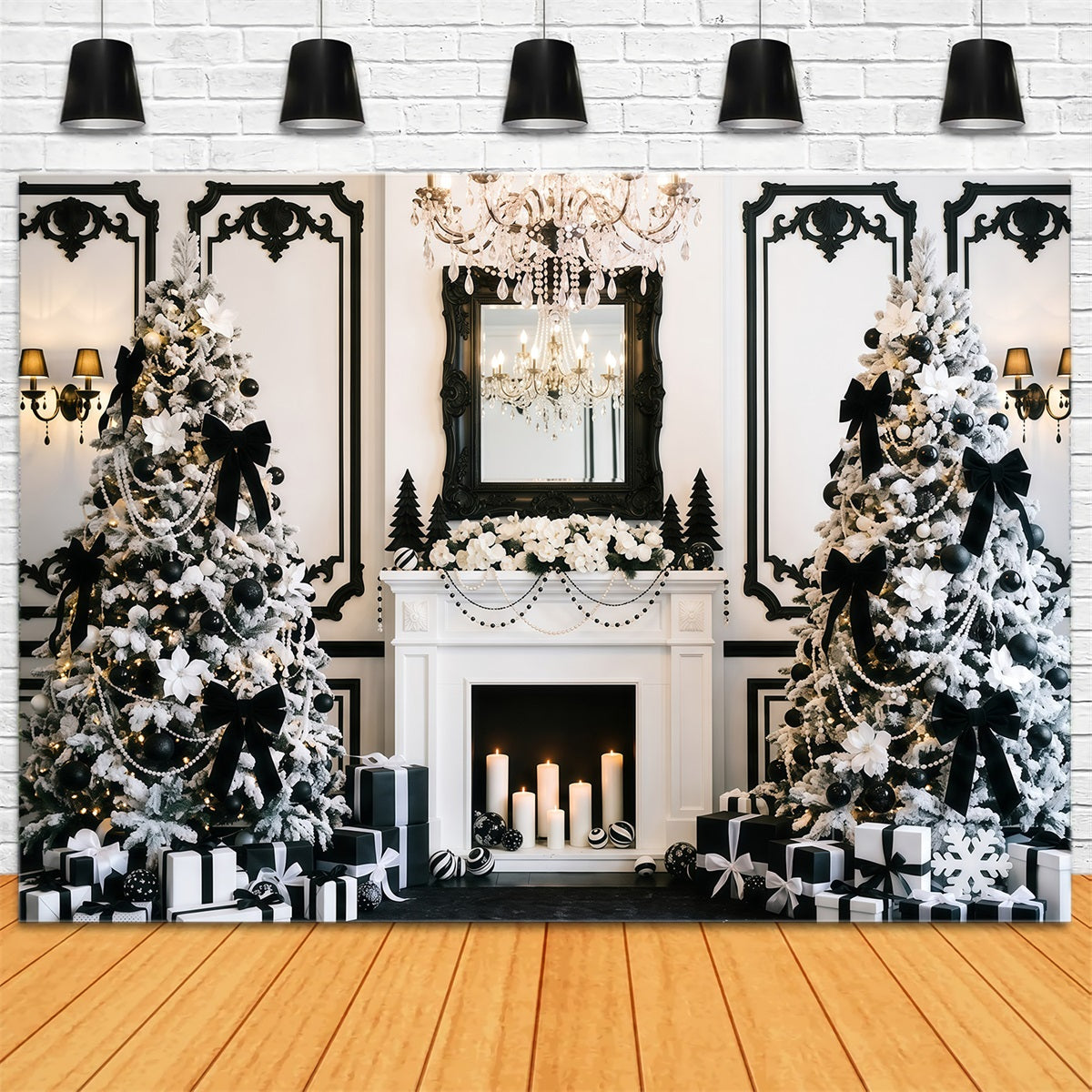 Black And White Christmas Backdrop Elegant Fireplace Tree Purple Christmas Backdrop RR610-49