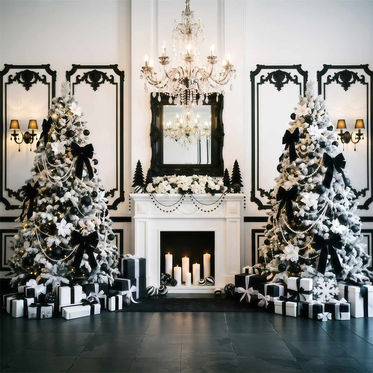 Black And White Christmas Backdrop Elegant Fireplace Tree Purple Christmas Backdrop RR610-49