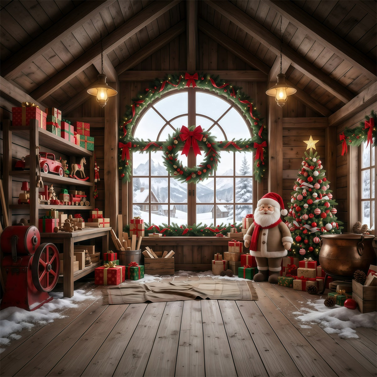 Santa's Workshop Photo Backdrop Rustic Wooden Toy Room Santa Claus Backdrop RR610-5