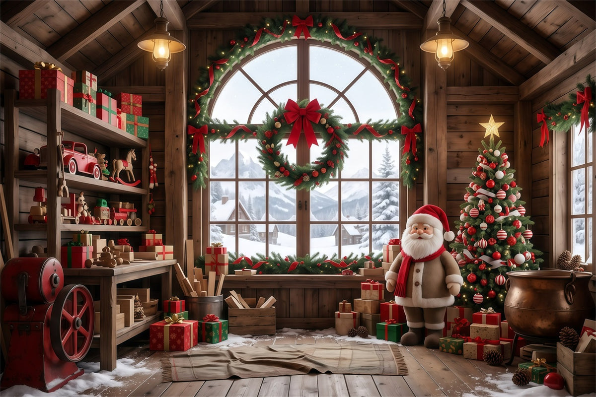 Santa's Workshop Photo Backdrop Rustic Wooden Toy Room Santa Claus Backdrop RR610-5