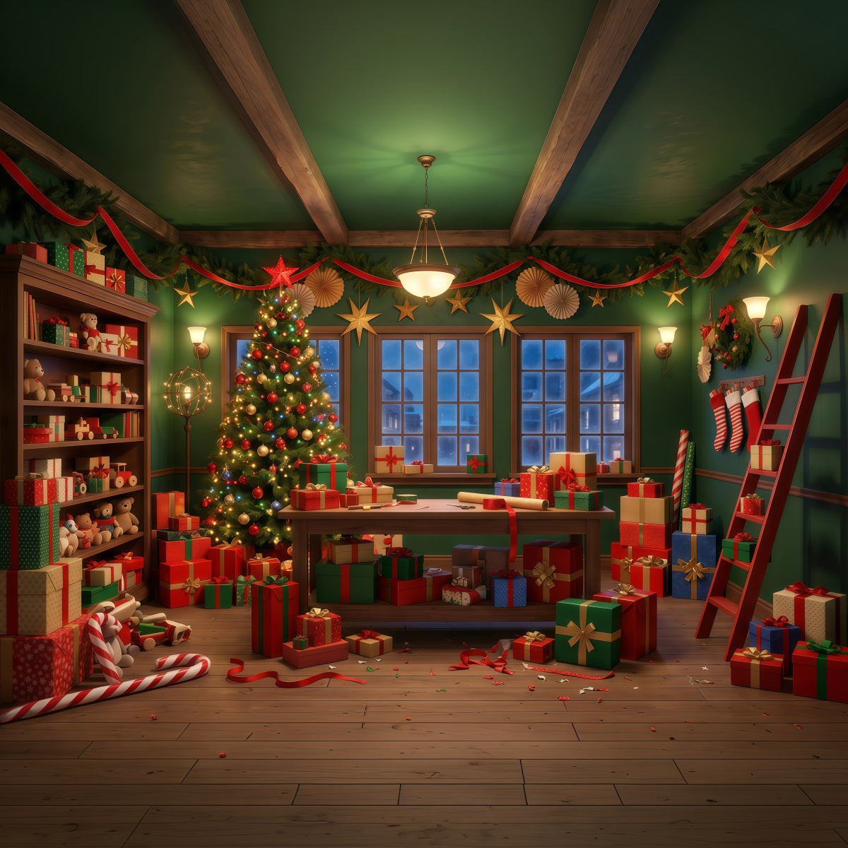 Santa Backdrop Festive Green Gift Workshop Christmas Backdrop RR610-52