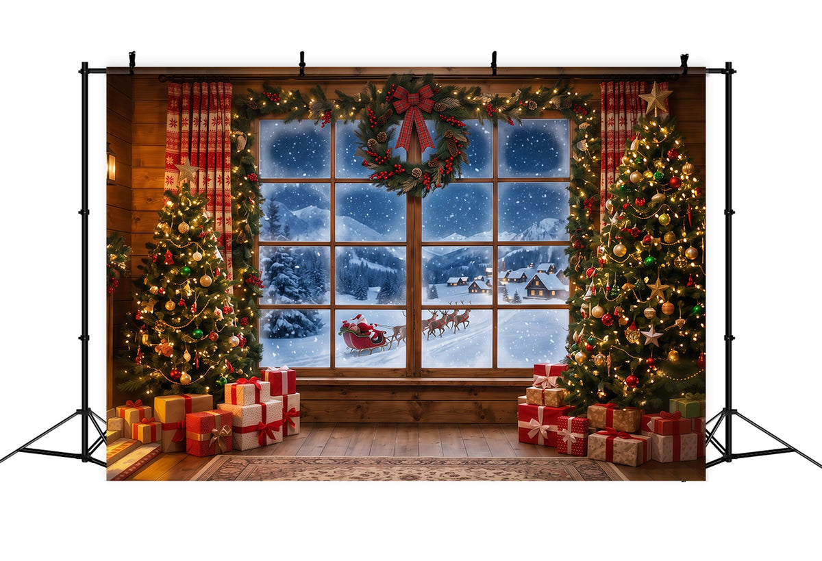 Santa Backdrop Snowy Window Forest Sleigh Christmas Backdrops RR610-53