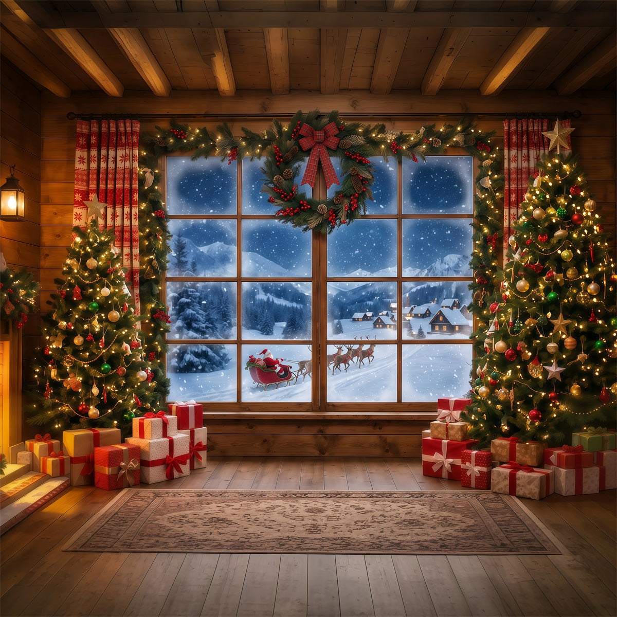 Santa Backdrop Snowy Window Forest Sleigh Christmas Backdrops RR610-53