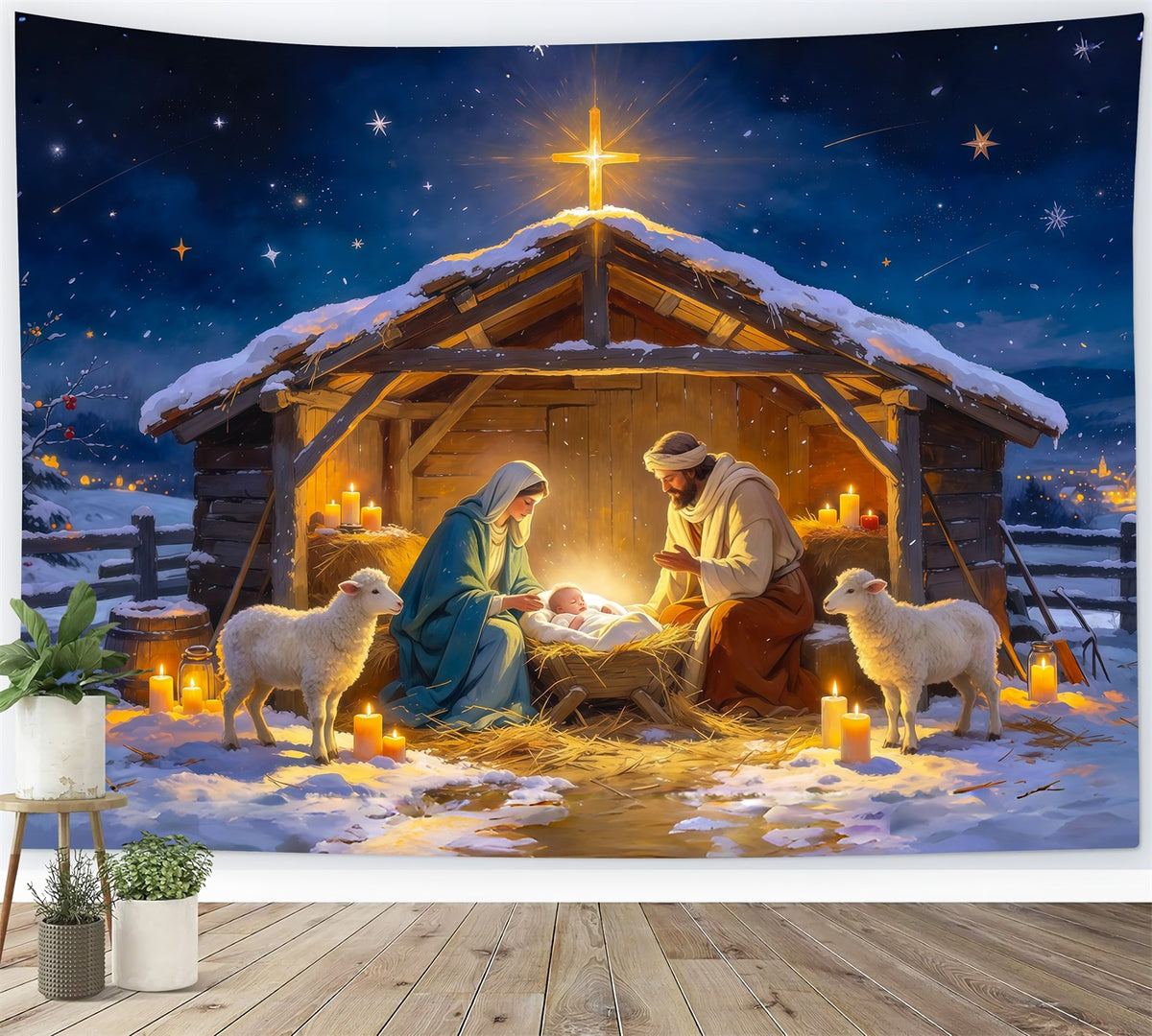 Nativity Scene Backdrop Starry Night Stable Gathering Christmas Photo Backdrops RR610-54