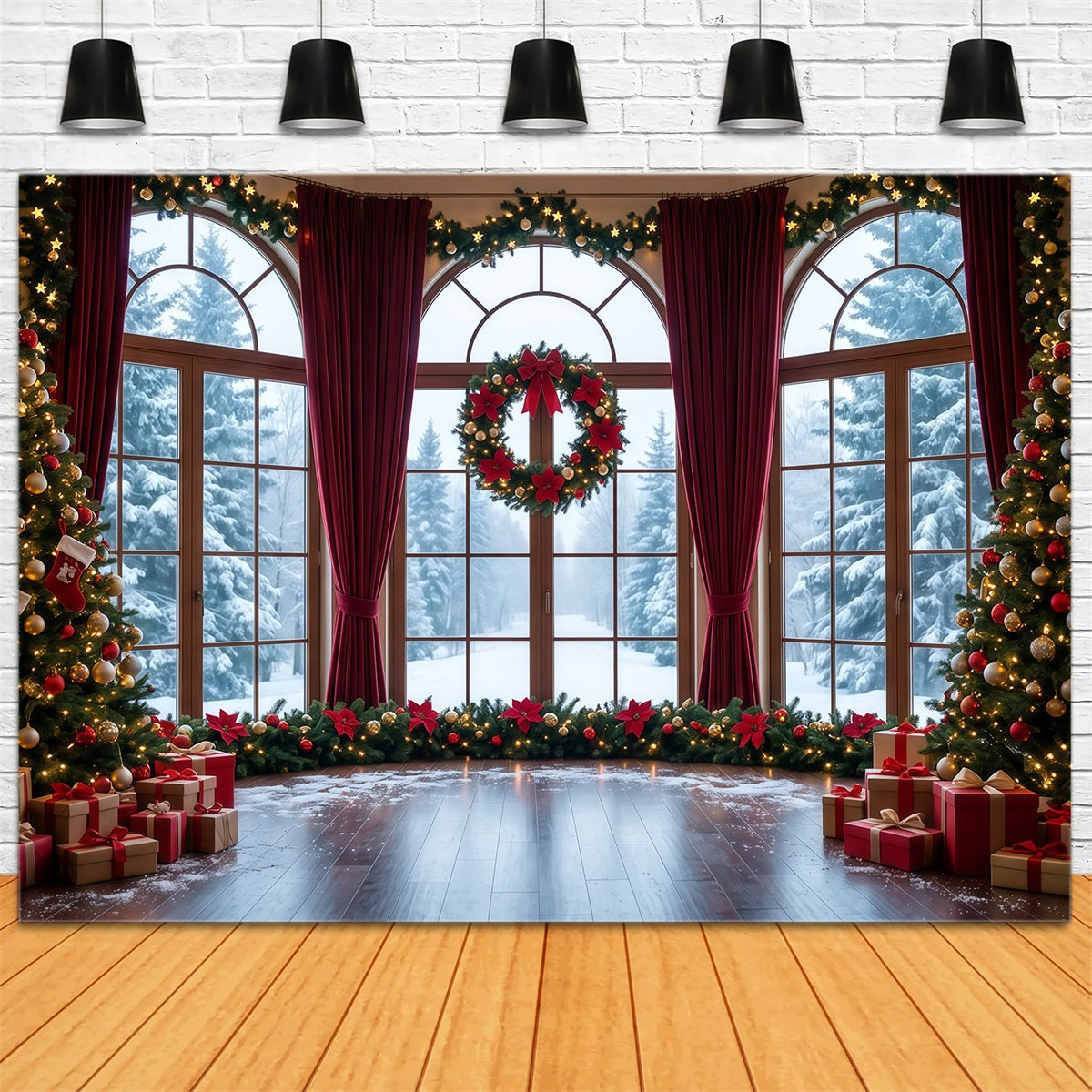 Christmas Backdrops Snowy Window Wreath Display Christmas Backdrop for Photos RR610-55