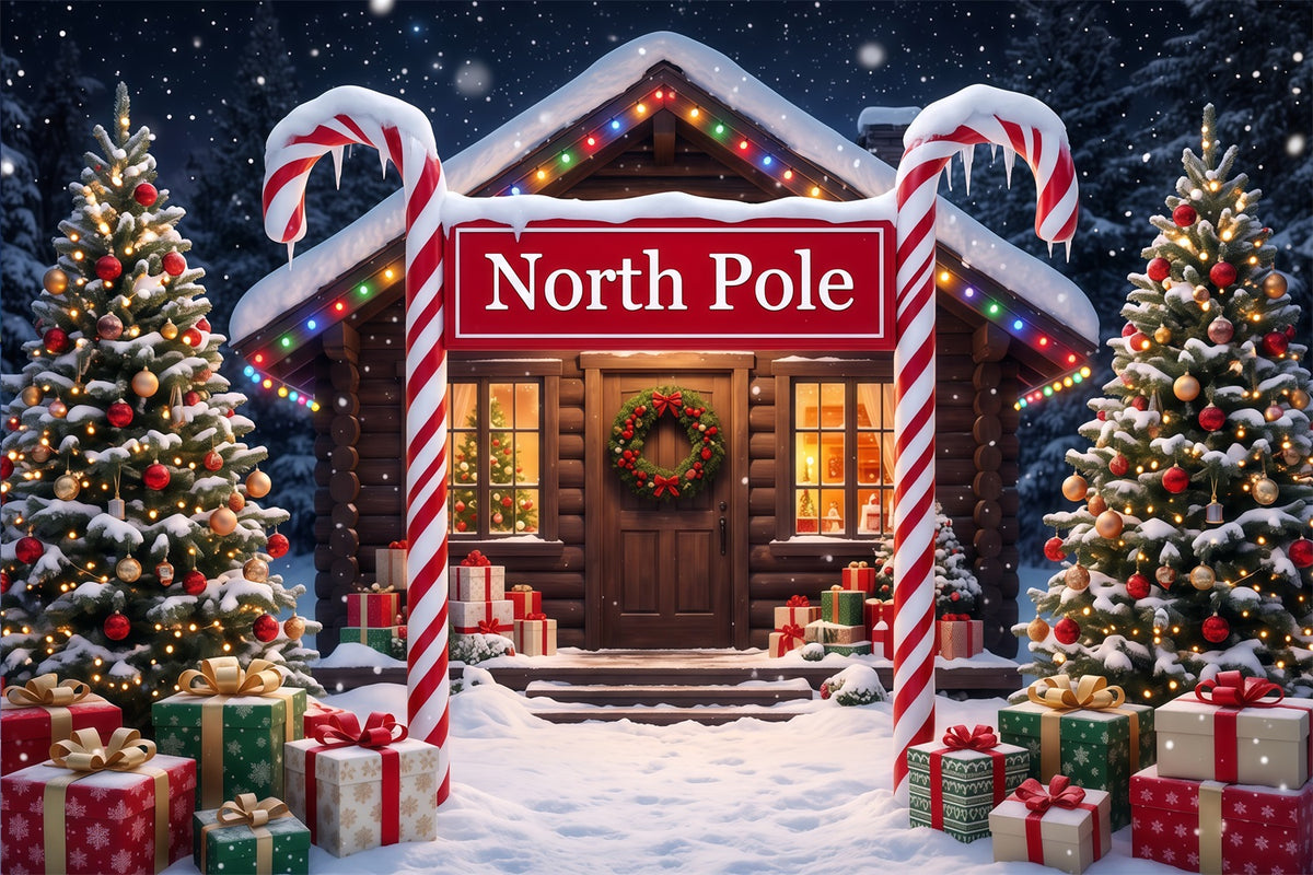 North Pole Photo Backdrop Candy Cane Snowy Cabin Professional Christmas Backdrop RR610-56