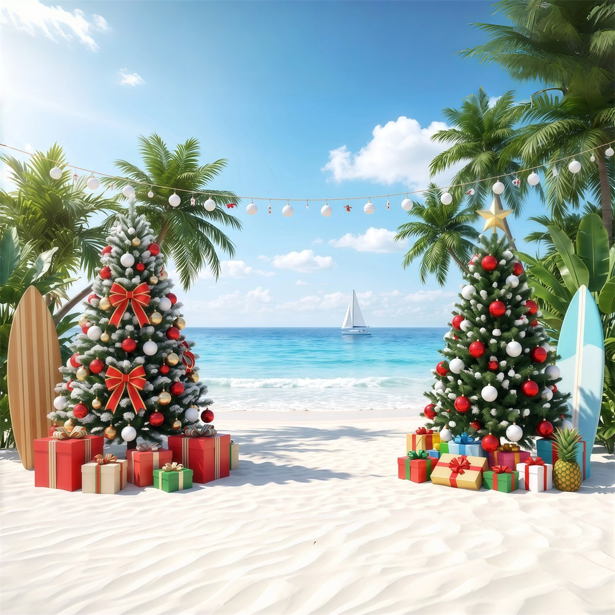 Tropical Christmas Backdrop Beach Sea Palm Trees Christmas Backdrops for Photos RR610-57