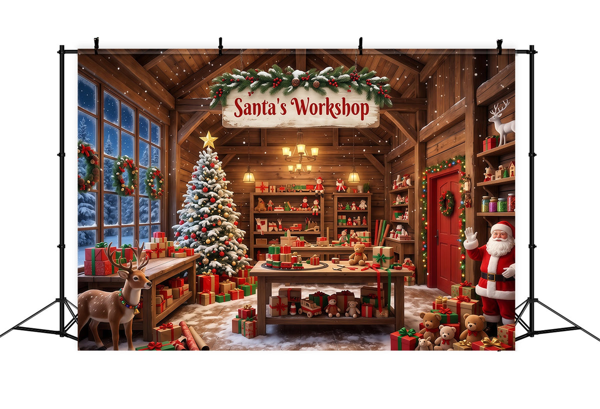 Santa Workshop Backdrop Rustic Cabin Interior Christmas Backdrops for Photography RR610-59