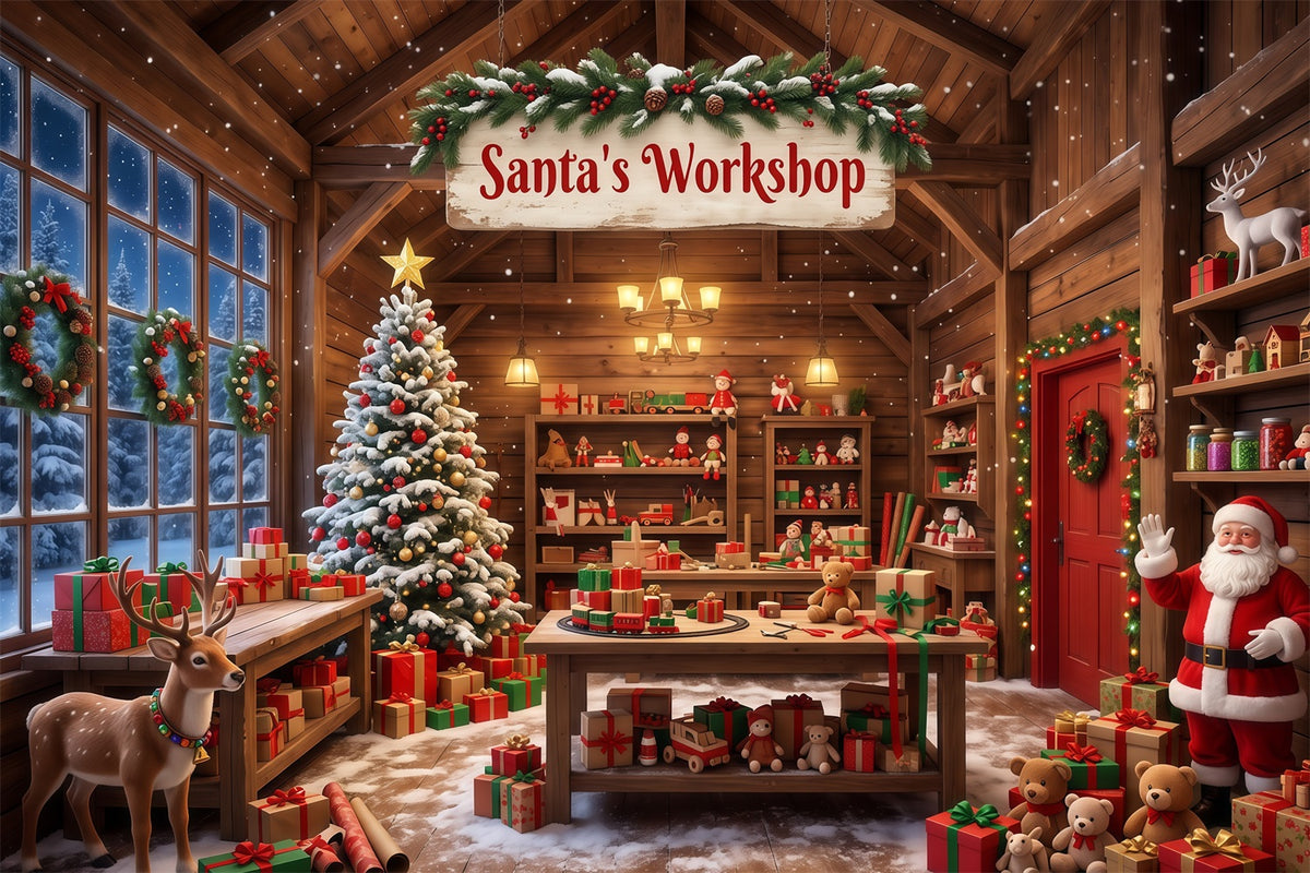 Santa Workshop Backdrop Rustic Cabin Interior Christmas Backdrops for Photography RR610-59