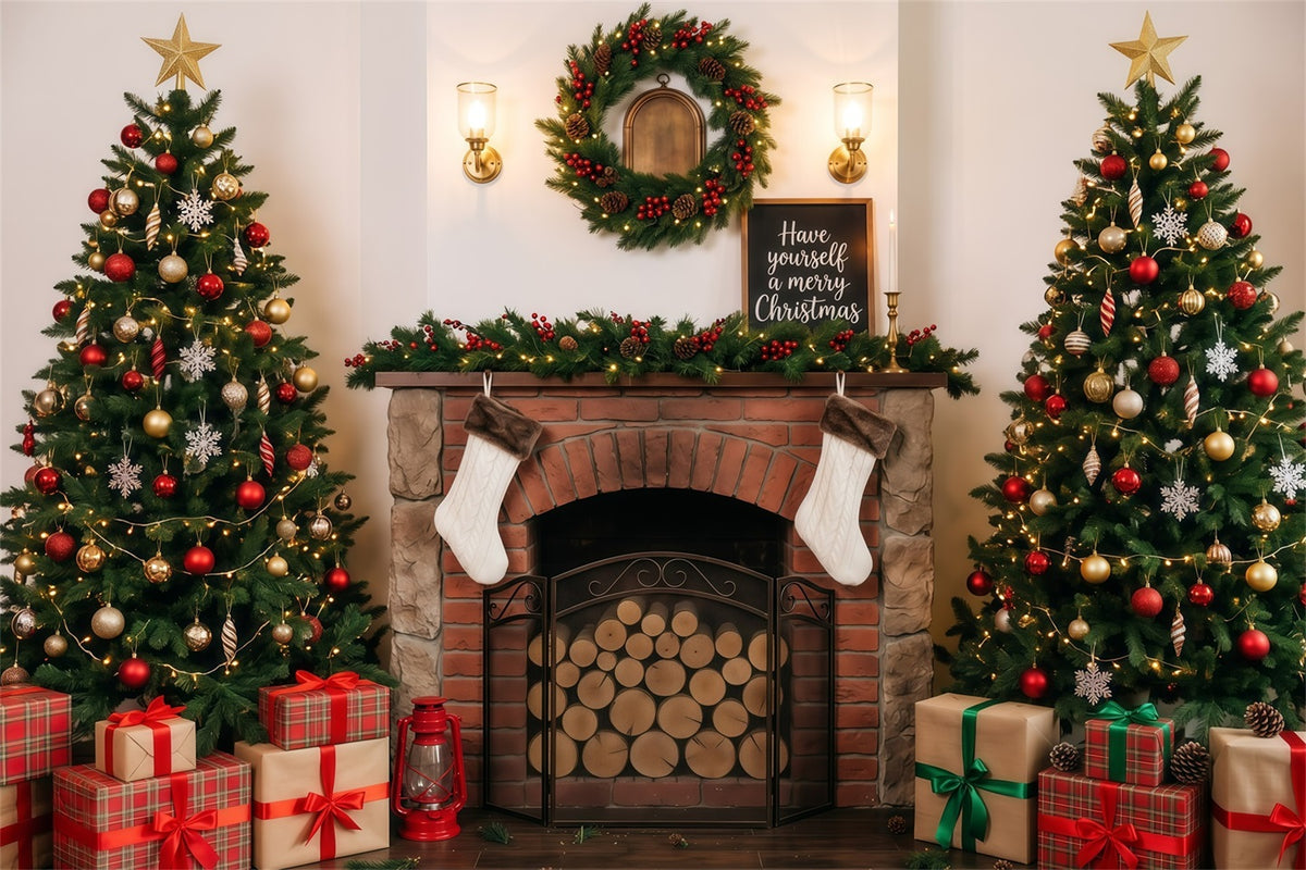 Christmas Backdrop For Photography Cozy Fireplace Tree Display Backdrops For Christmas RR610-6