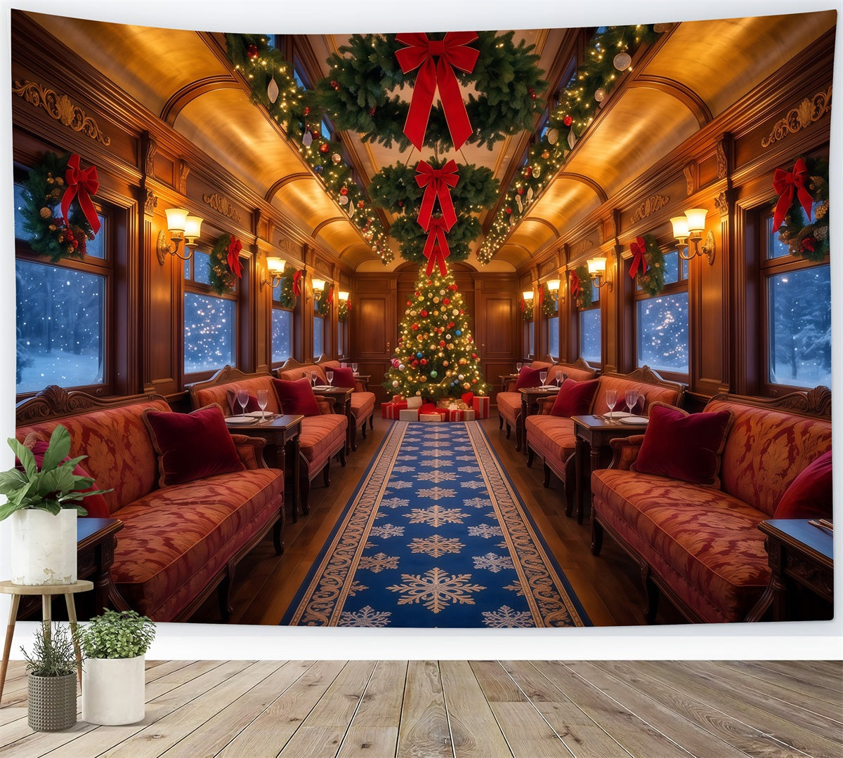 Christmas Backdrops for Photography Festive Train Lounge Christmas Photography Backdrop RR610-61