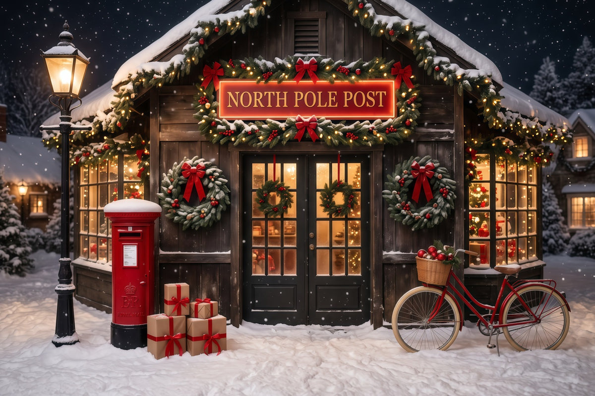 North Pole Photo Backdrop Snowy Post Office Christmas Photography Backdrops RR610-63