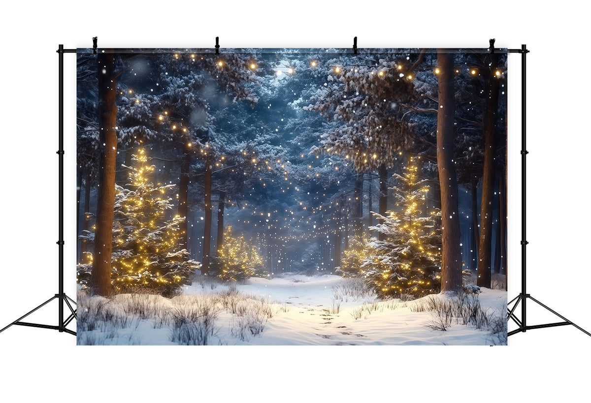 Christmas Tree Farm Backdrop Snowy Forest Golden Lights Christmas Tree Backdrops RR610-66