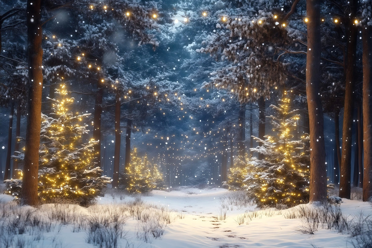 Christmas Tree Farm Backdrop Snowy Forest Golden Lights Christmas Tree Backdrops RR610-66