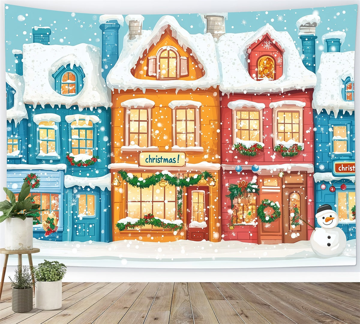 Christmas Town Backdrops Colorful Snowy Village Houses Christmas Picture Backdrop RR610-67