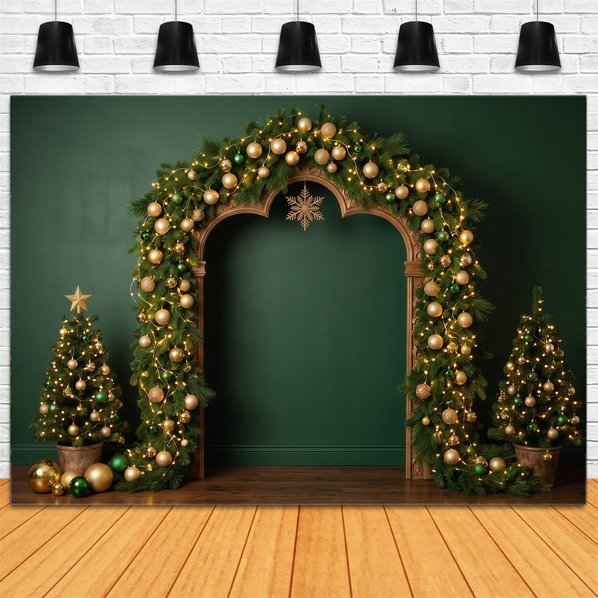 10x10 Christmas Backdrop Golden Evergreen Ornament Arch Christmas Wall Backdrop RR610-7